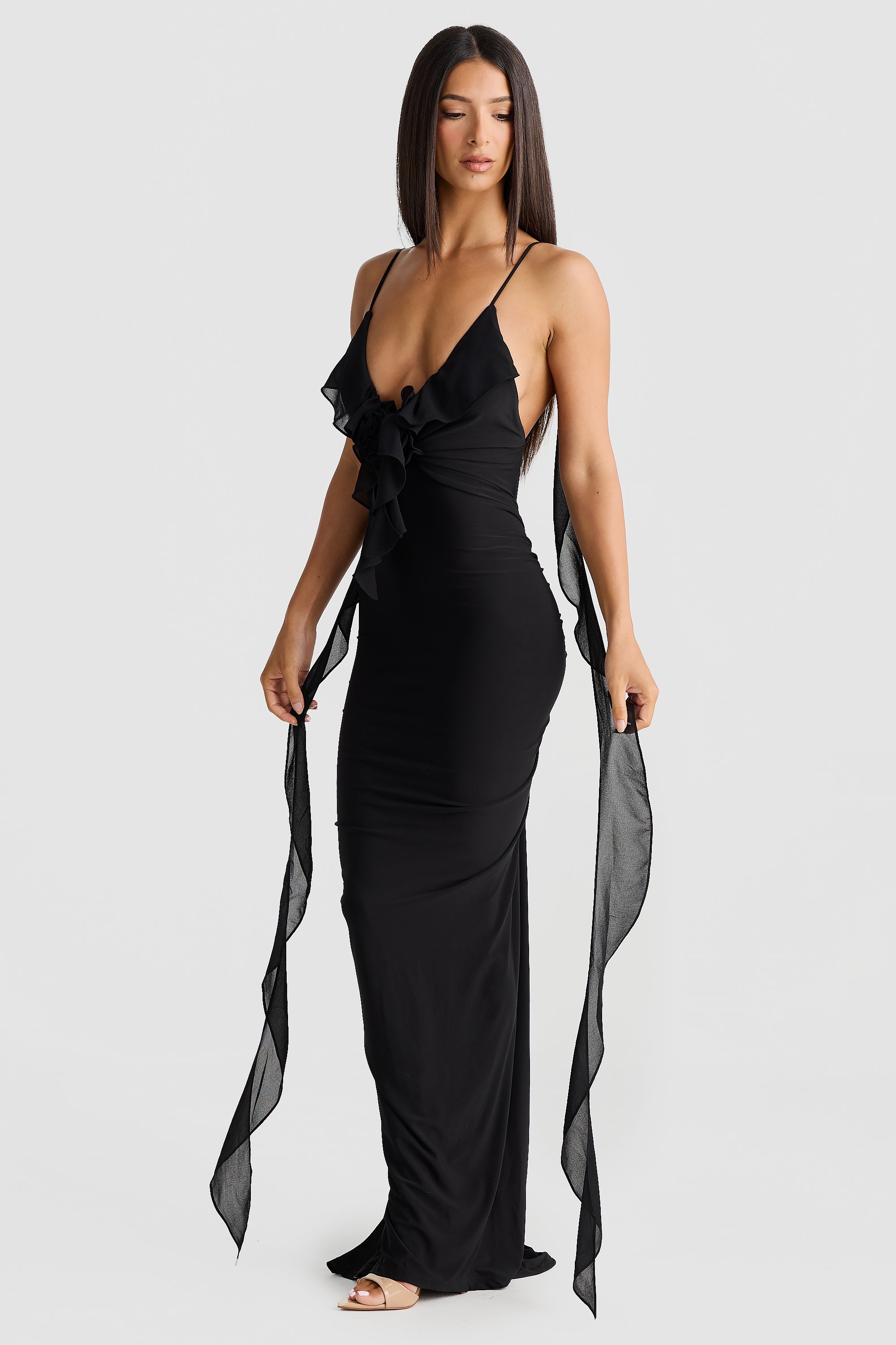 Women's Lace Midi Dress with Open Back and Draped Ruching - 5