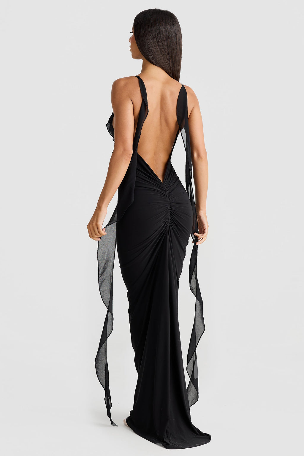 Women's Lace Midi Dress with Open Back and Draped Ruching - 2