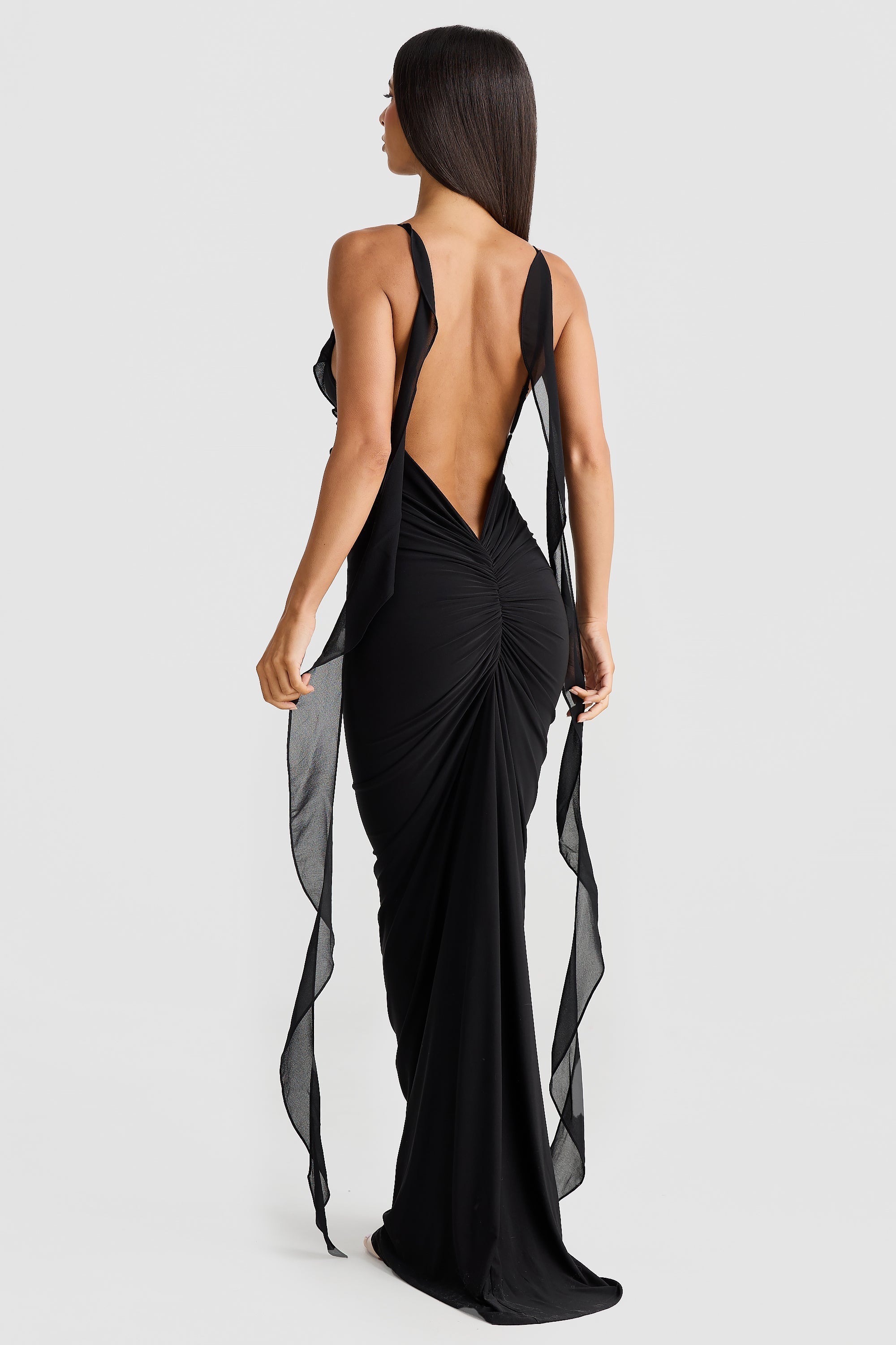 Women's Lace Midi Dress with Open Back and Draped Ruching - 2