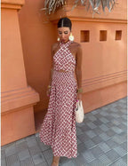 Women's Halterneck Maxi Dress with Cutout Waist and Printed Pattern - 6
