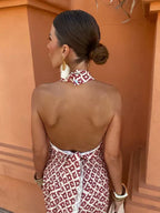 Women's Halterneck Maxi Dress with Cutout Waist and Printed Pattern - 4
