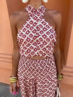 Women's Halterneck Maxi Dress with Cutout Waist and Printed Pattern - 3
