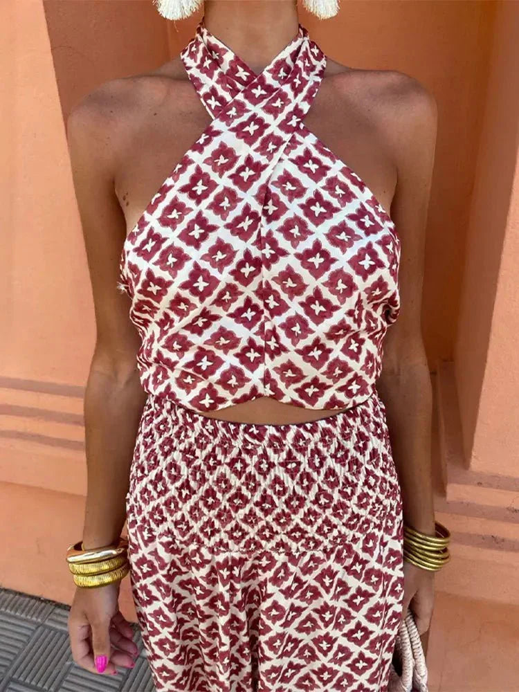 Women's Halterneck Maxi Dress with Cutout Waist and Printed Pattern - 3