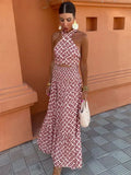 Women's Halterneck Maxi Dress with Cutout Waist and Printed Pattern - Red