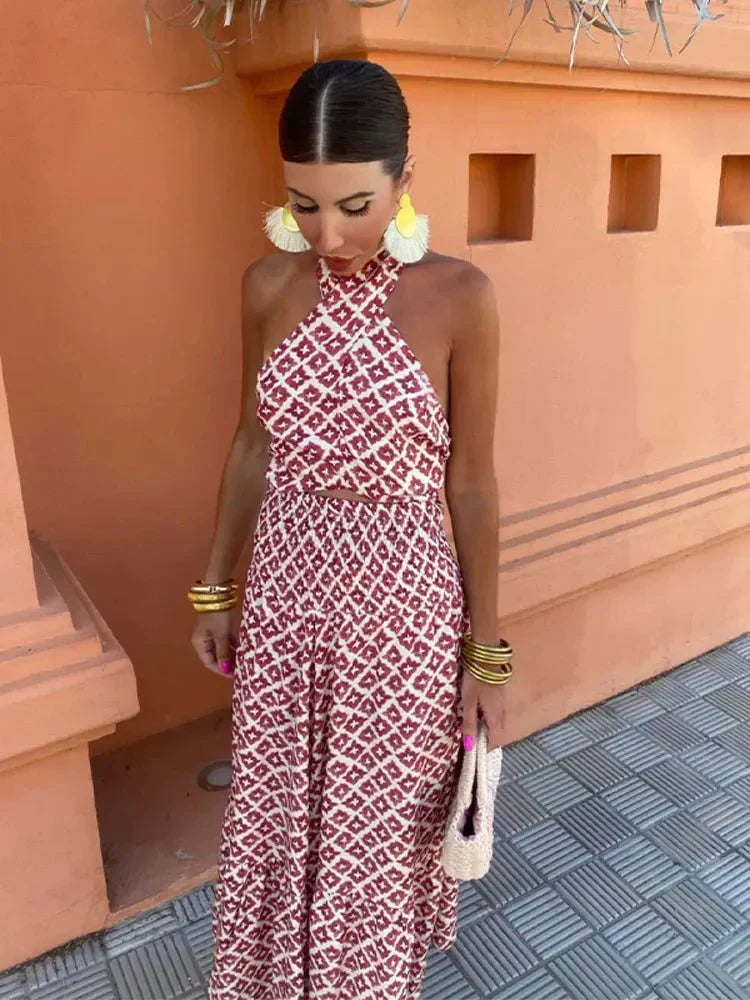 Women's Halterneck Maxi Dress with Cutout Waist and Printed Pattern - 5