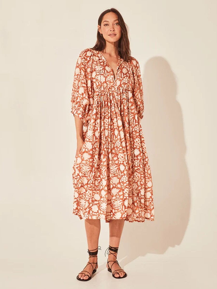 Women's Floral Midi Dress with V-Neck and Balloon Sleeves - 2