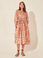 Women's Floral Midi Dress with V-Neck and Balloon Sleeves - 2