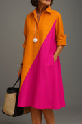 Women's Midi Dress Collared V-Neck with Diagonal Colourblock