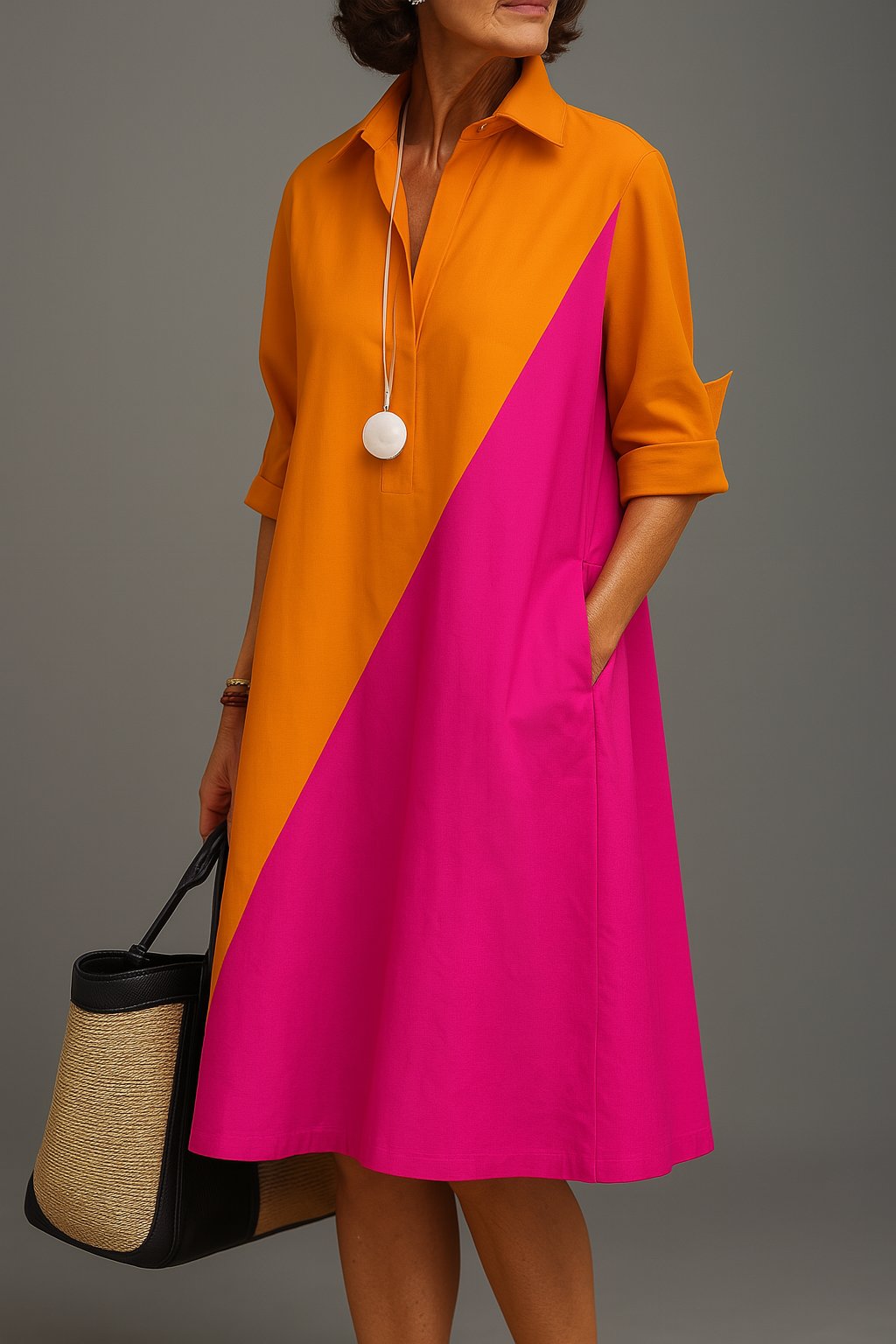 Women's Midi Dress Collared V-Neck with Diagonal Colourblock