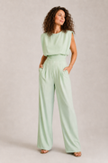 Women's Sleeveless Wide Leg Jumpsuit with Draped Bodice and Pleated Legs - Mint Green