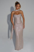 Women's Strapless Sequin Maxi Dress with Fitted Silhouette - 7