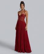 Women's Sweetheart Maxi Dress with Lace Bodice and Pleated Skirt - 9