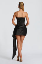 Women's Structured Mini Dress with Draped Detail and Asymmetric Train - 3