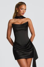 Women's Structured Mini Dress with Draped Detail and Asymmetric Train - 7