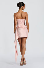 Women's Strapless Mini Dress with Draped Skirt and Attached Scarf - 6