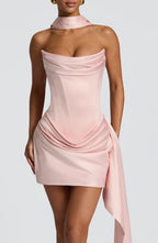 Women's Strapless Mini Dress with Draped Skirt and Attached Scarf - 5
