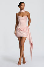 Women's Strapless Mini Dress with Draped Skirt and Attached Scarf - 7