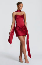 Women's Strapless Mini Dress with Draped Satin Skirt and Train Detail - 4