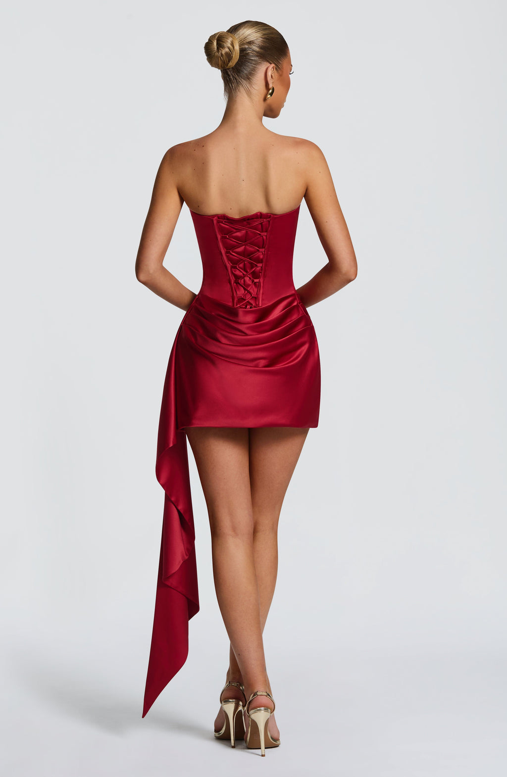 Women's Strapless Mini Dress with Draped Satin Skirt and Train Detail - 3