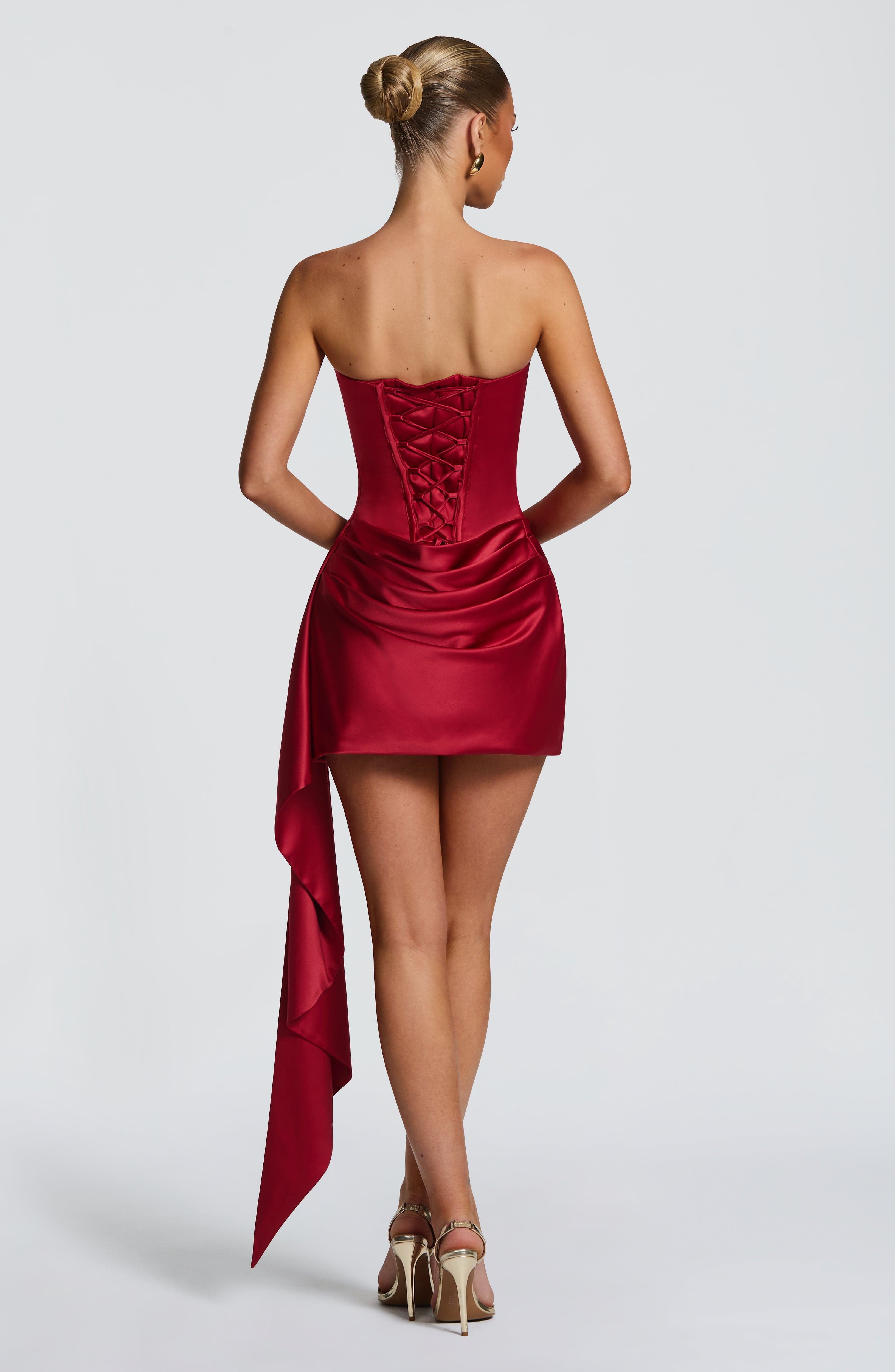 Women's Strapless Mini Dress with Draped Satin Skirt and Train Detail - 3