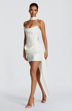 Women's Corset Mini Dress with Draped Skirt and Train Detail - 5