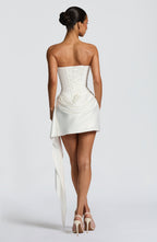Women's Corset Mini Dress with Draped Skirt and Train Detail - 3