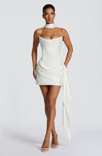 Women's Corset Mini Dress with Draped Skirt and Train Detail - 2