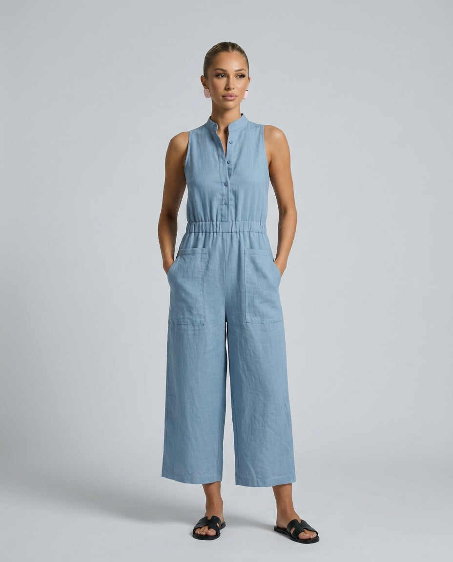 Women's Sleeveless Jumpsuit with Stand Collar and Wide Leg - Blue