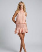 Women's Halter Neck Mini Dress with Pleated Skirt and Open Back - Pink