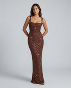 Women's Sequin Maxi Dress Sleeveless with Square Neck and Tie-Up Detail - 5
