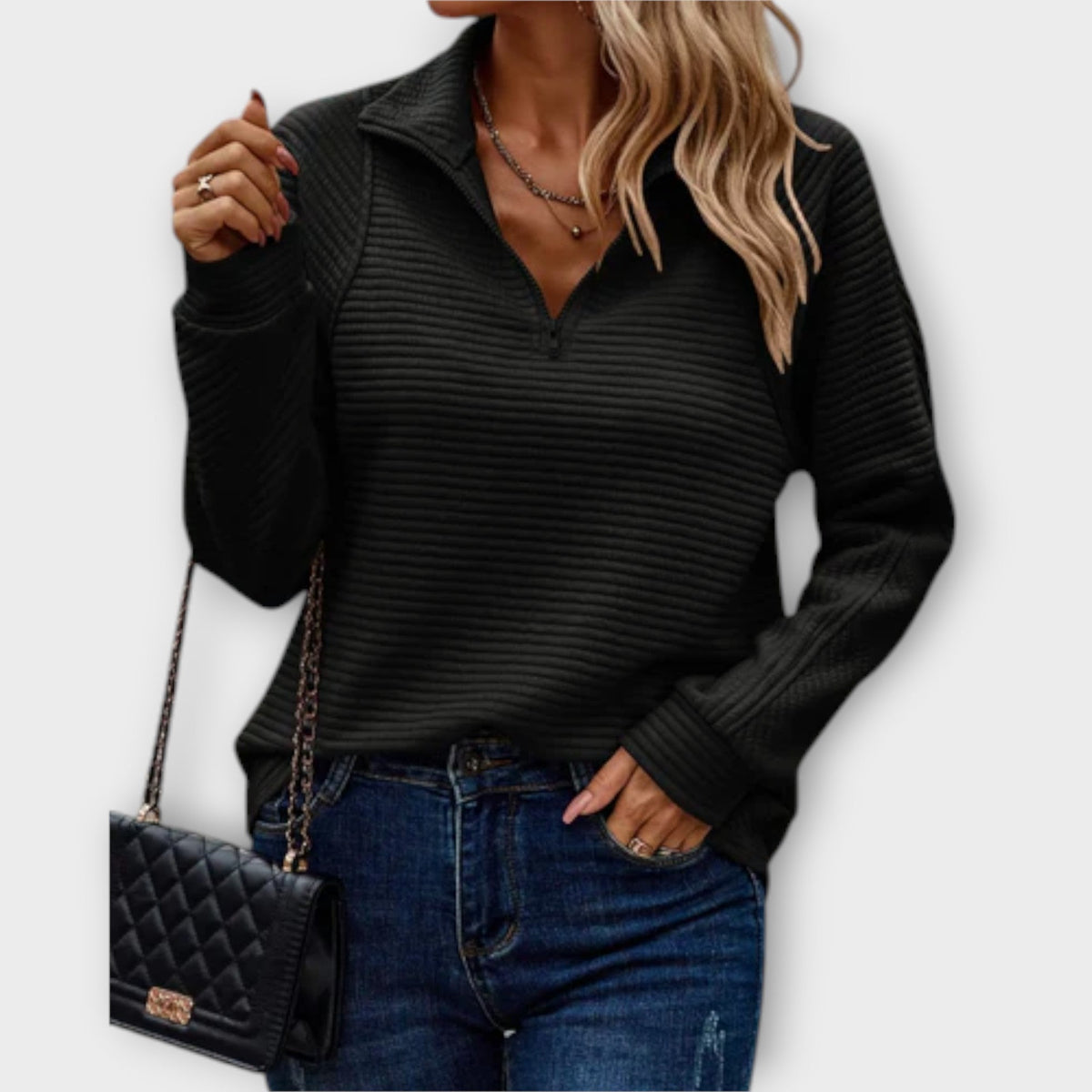 Women's Jumper with Zip Collar and Ribbed Texture - Black
