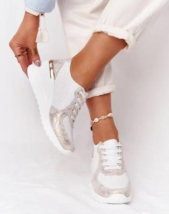 Women's Wedge Sneakers with Metallic Details - 4