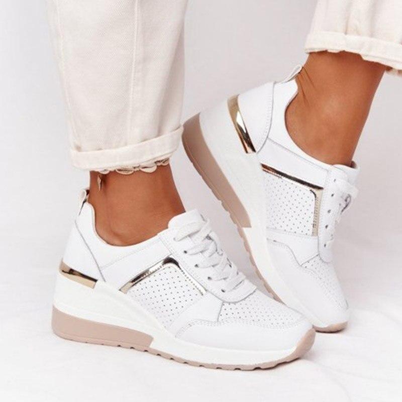 Women's Wedge Sneakers with Metallic Details - White