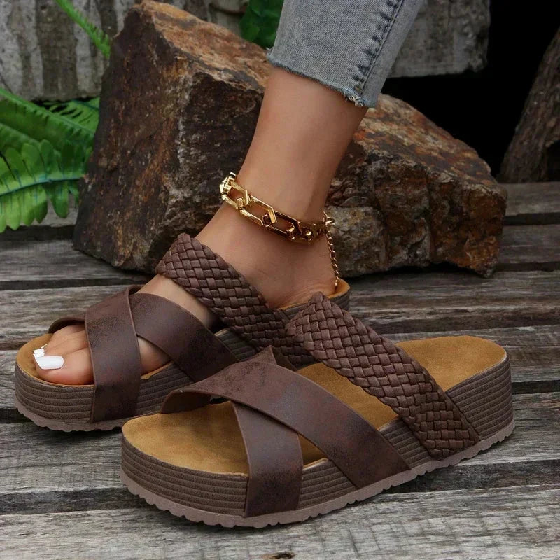 Women's Wedge Sandals with Woven Crossover Straps - 3