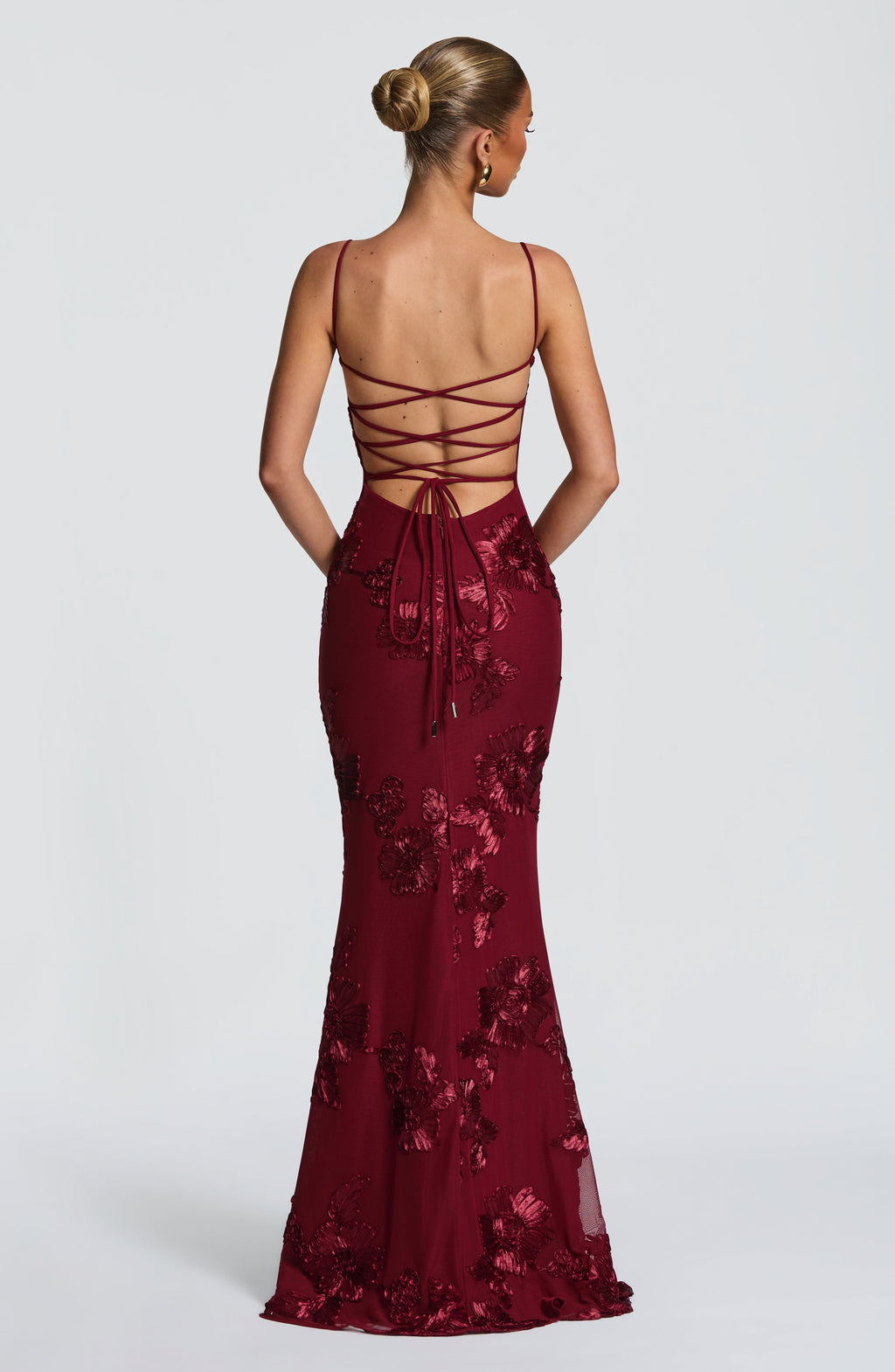 Women's Maxi Evening Gown with Floral Applique and Fitted Silhouette - 3