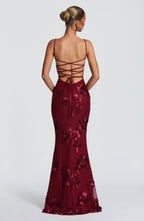 Women's Maxi Evening Gown with Floral Applique and Fitted Silhouette - 3