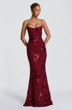 Women's Maxi Evening Gown with Floral Applique and Fitted Silhouette - 2
