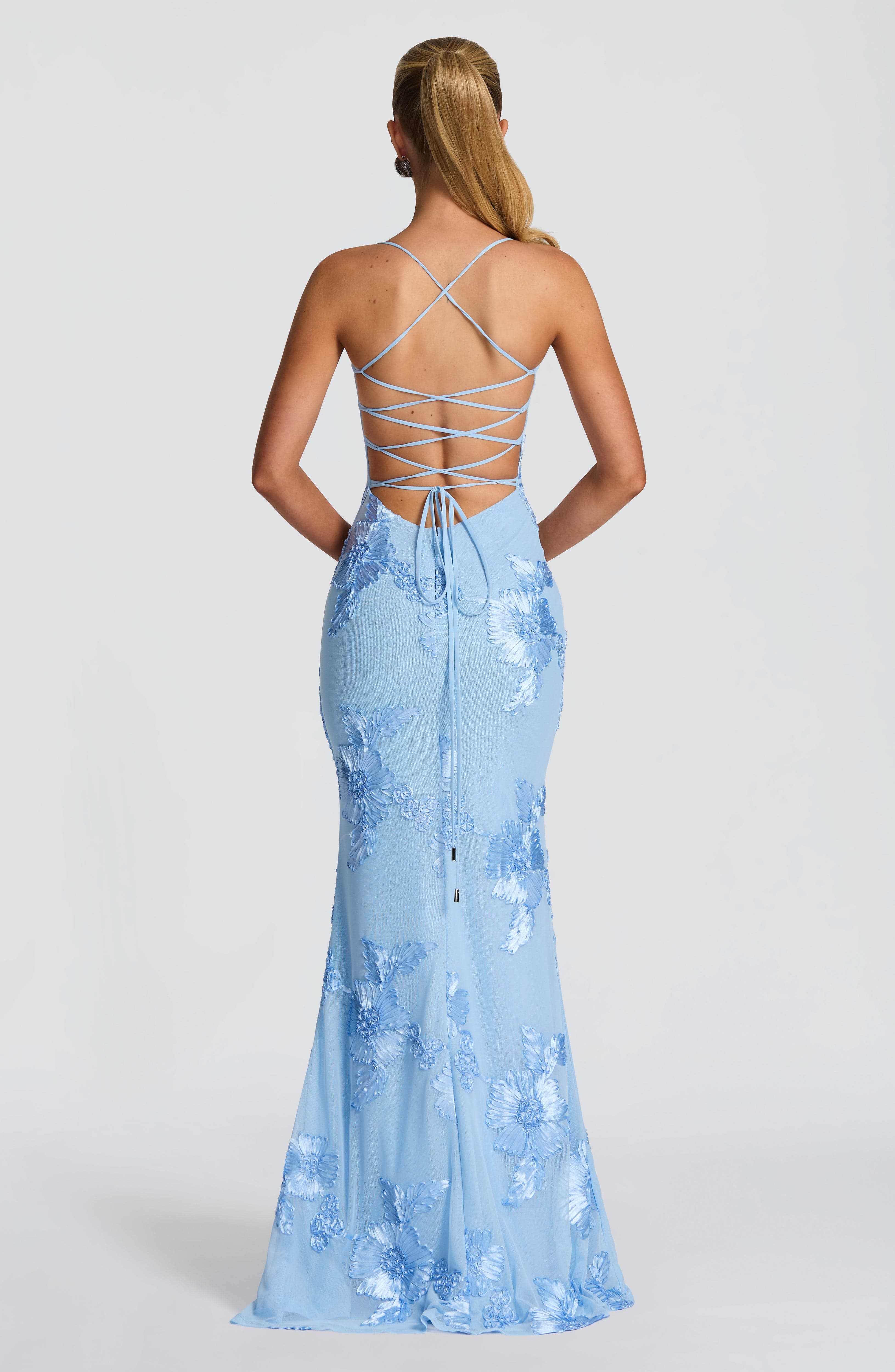 Women's Corset Maxi Dress with Floral Appliqué and Sweetheart Neckline - 4