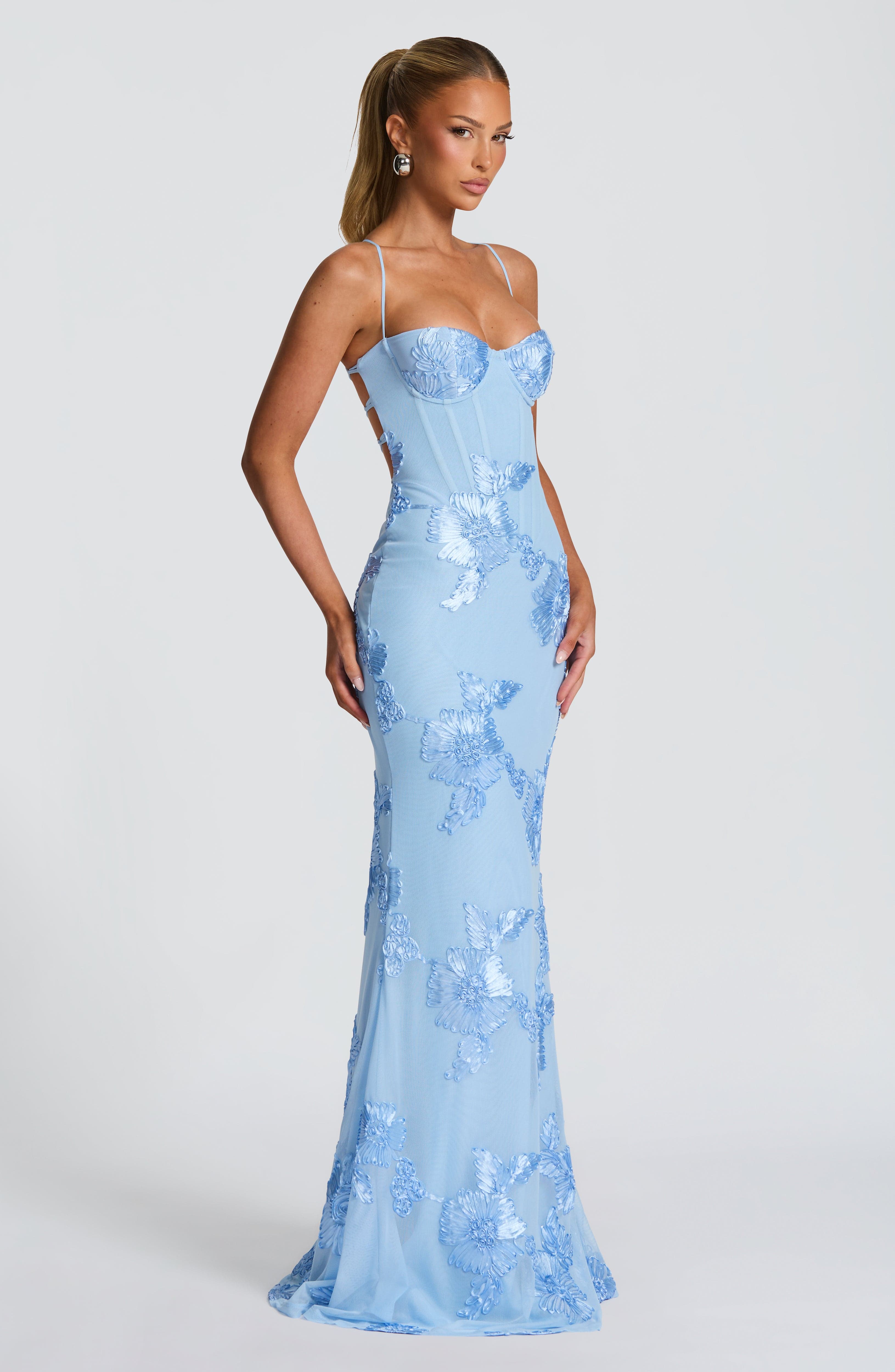 Women's Corset Maxi Dress with Floral Appliqué and Sweetheart Neckline - 3