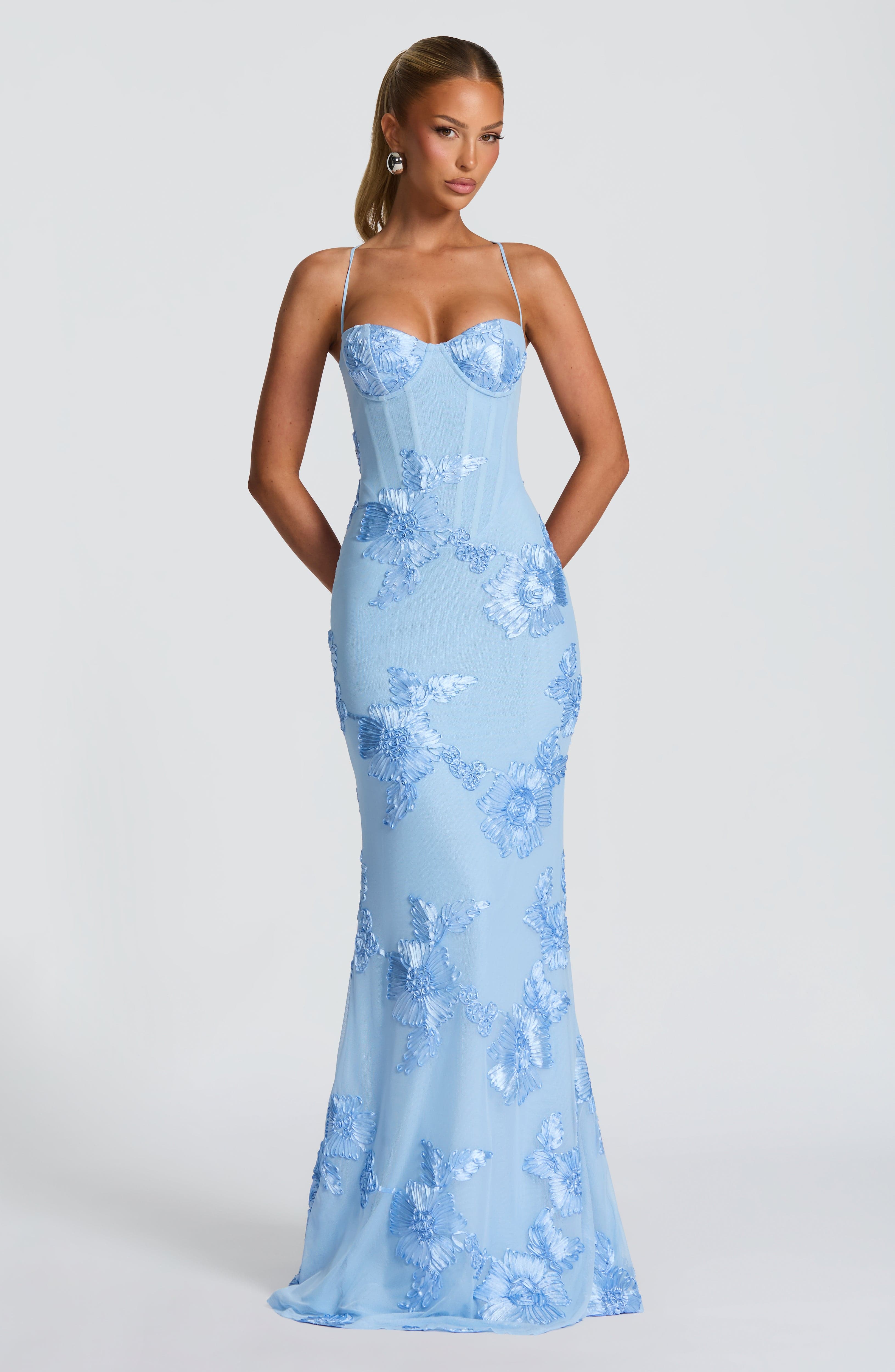 Women's Corset Maxi Dress with Floral Appliqué and Sweetheart Neckline - 2