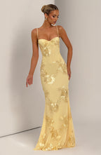 Women's Corset Maxi Dress with Floral Appliqué and Sweetheart Neckline - 10