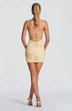 Women's Corset Mini Dress with Floral Appliqué and Thin Straps - 3