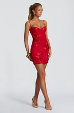 Women's Corset Mini Dress with Floral Appliqué and Sweetheart Neckline - 4