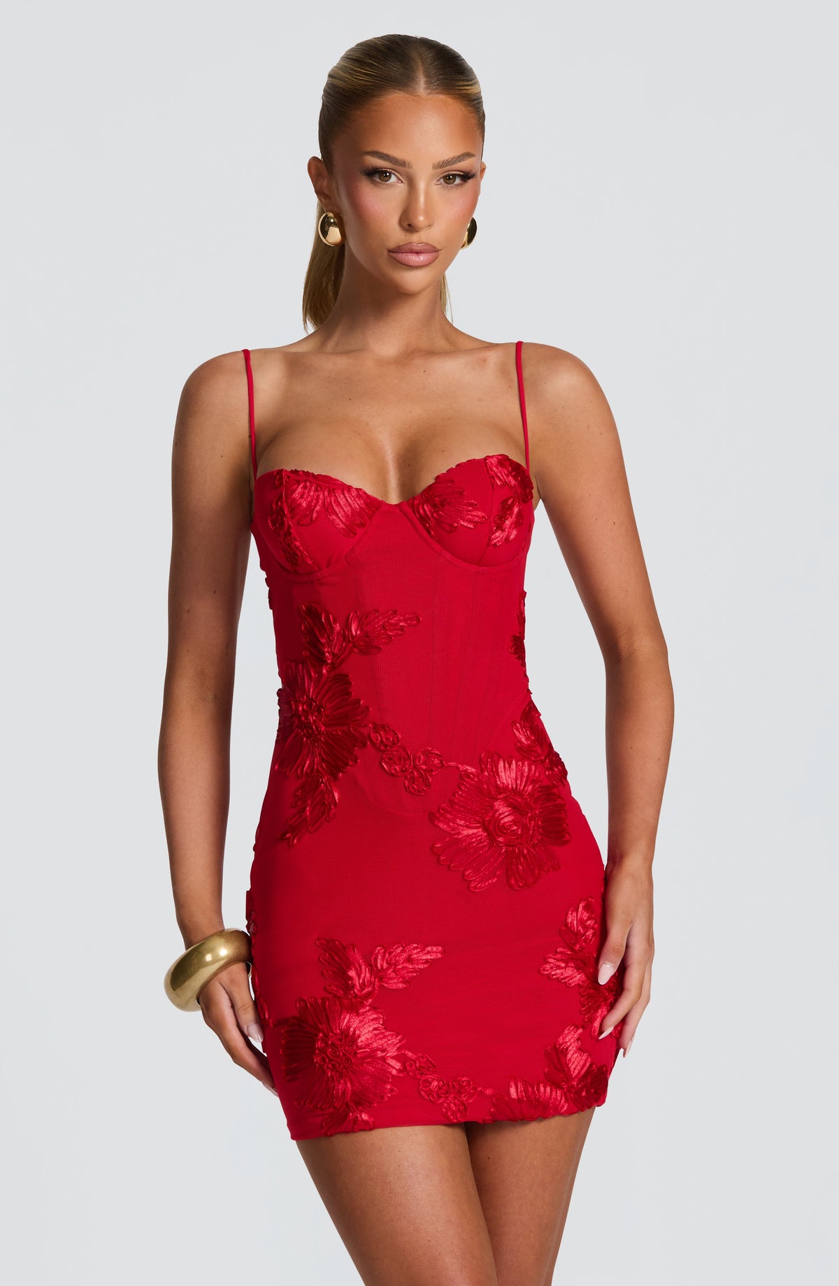 Women's Corset Mini Dress with Floral Appliqué and Sweetheart Neckline - 2