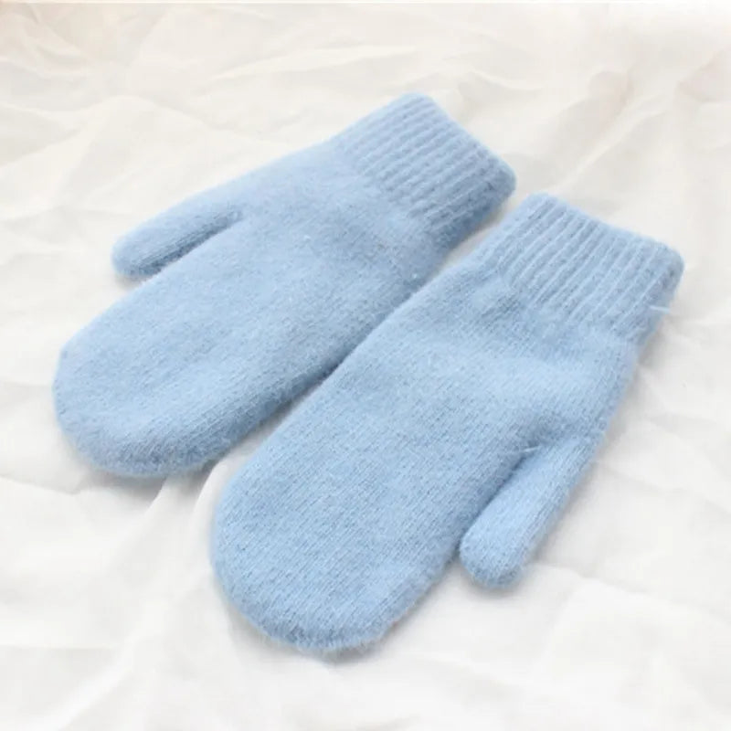 Women's Plush Mittens with Ribbed Cuffs - Blue
