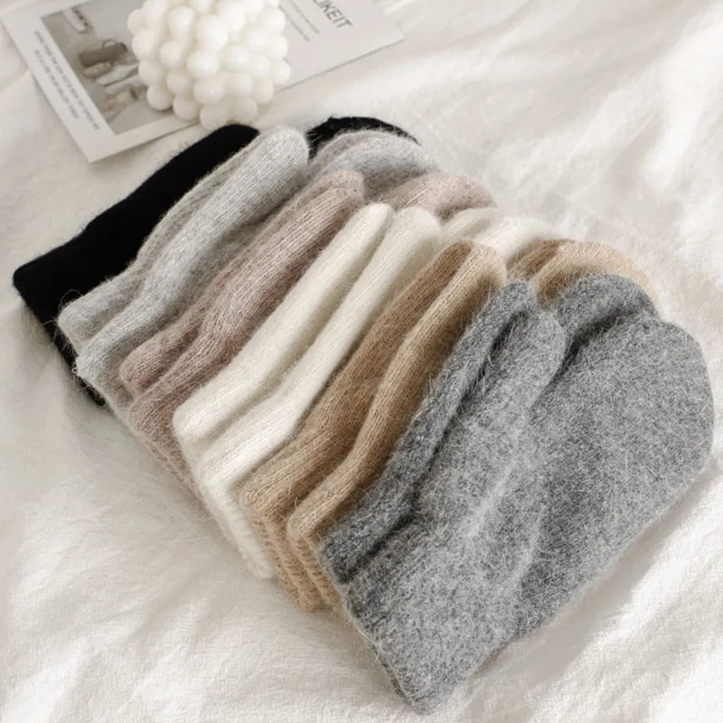 Women's Plush Mittens with Ribbed Cuffs - 12