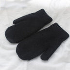 Women's Plush Mittens with Ribbed Cuffs - Black