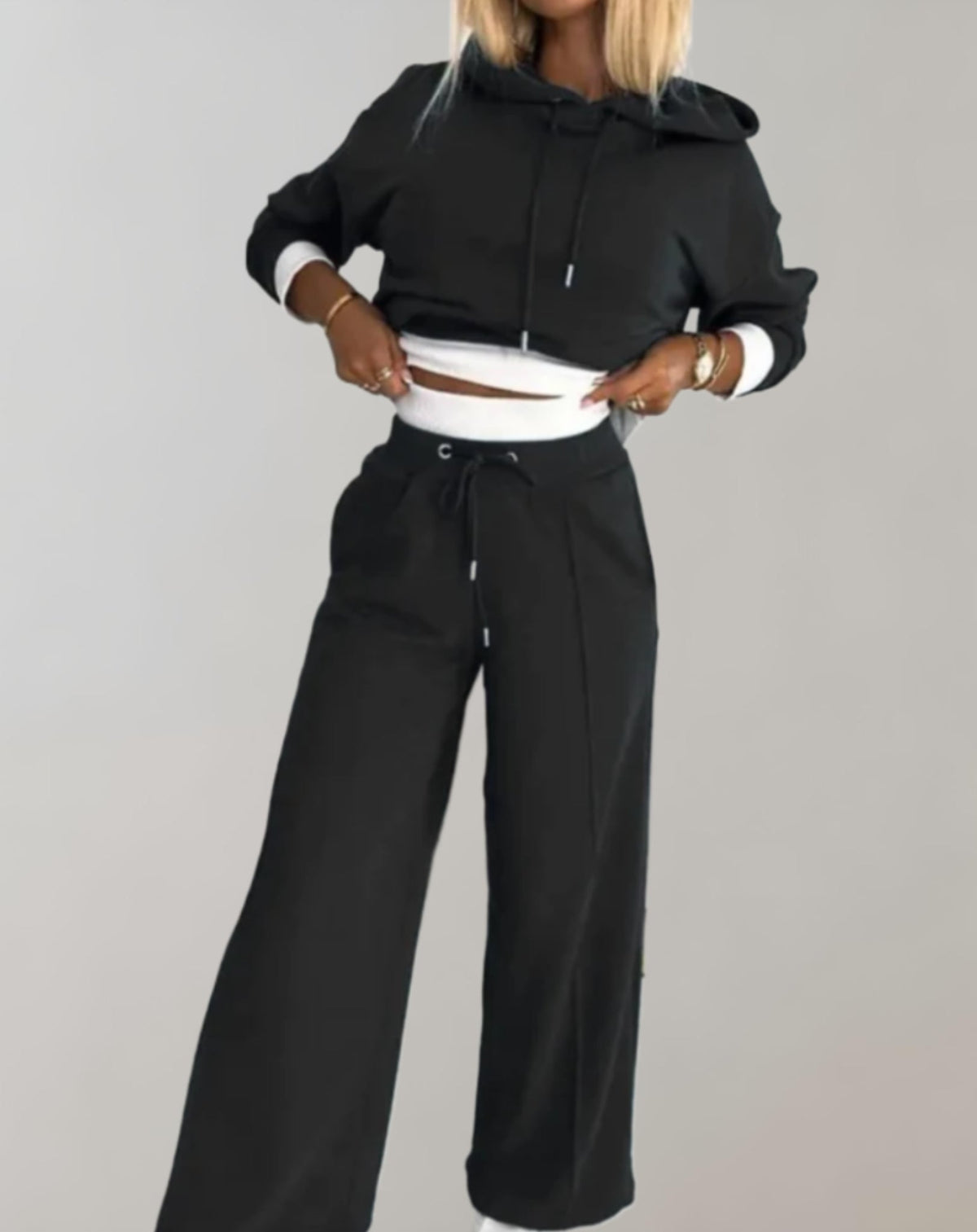 Women's Hooded Jumper and Wide Leg Trouser Set - Black