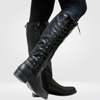 Women's Knee-High Boots with Lace-Up Detail and Block Heel - Black