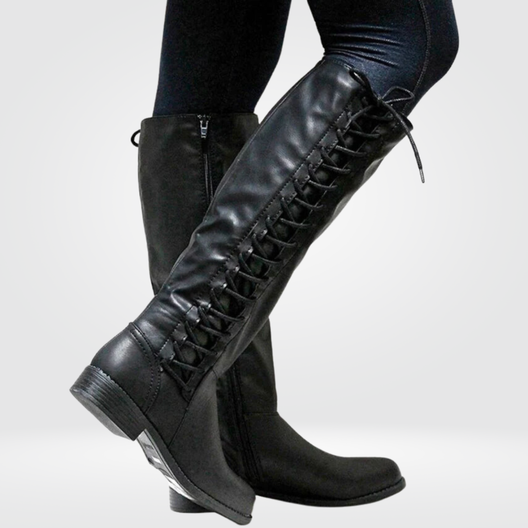 Women's Knee-High Boots with Lace-Up Detail and Block Heel - Black